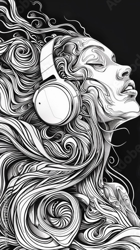A drawing of a woman with headphones on