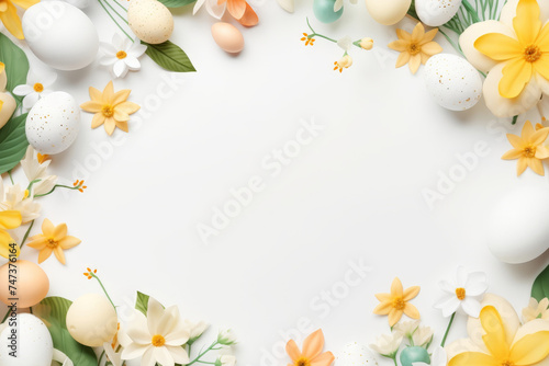 easter background with colorful eggs bunny and flowers on white background.happy Easter, spring, farm, holiday,festive scene , greeting cards, posters, .Easter holiday card concept.copy space 