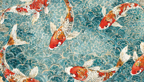  Oriental Chinese and Japanese style abstract pattern background design with koi fish decorate in water color texture