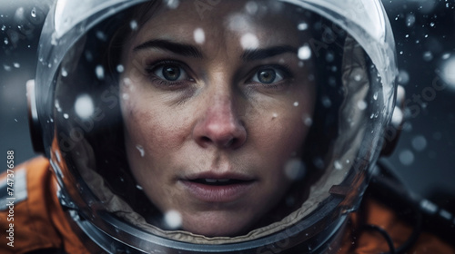 woman astronaut with helmet inside the spacecraft.Generative AI