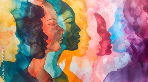 Abstract colorful art watercolor painting depicts International Women's Day, 8 March of different cultures and ethnicities together. concept of gender equality and the female empowerment movement. © Ziyan Yang