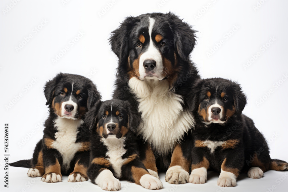 Bernese Mountain dog, a mother dog with puppies. an adult dog and its litter, cubs. Bernese Mountain dog, a mother dog with puppies. an adult dog and its litter, cubs.