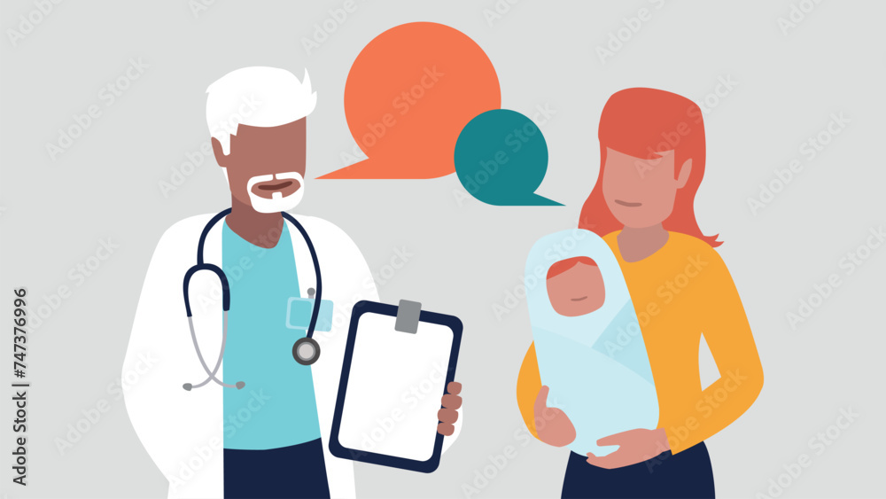 Fototapeta premium Vektor-Illustration eines Arztes im Gespräch mit einer jungen Mutter und ihrem neugeborenen Baby - Gesundheit Konzept