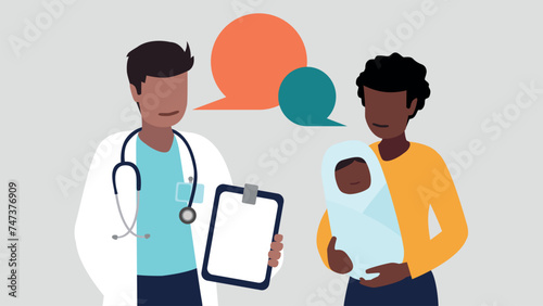 Vektor-Illustration eines Arztes im Gespräch mit einer jungen Mutter und ihrem neugeborenen Baby - Gesundheit Konzept