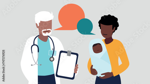 Vektor-Illustration eines Arztes im Gespräch mit einer jungen Mutter und ihrem neugeborenen Baby - Gesundheit Konzept