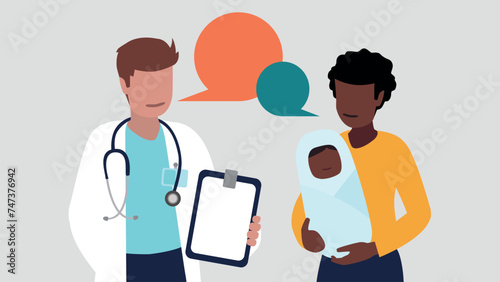 Vektor-Illustration eines Arztes im Gespräch mit einer jungen Mutter und ihrem neugeborenen Baby - Gesundheit Konzept