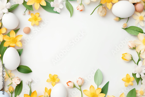 easter background with colorful eggs bunny and flowers on white background.happy Easter  spring  farm  holiday festive scene   greeting cards  posters  .Easter holiday card concept.copy space  