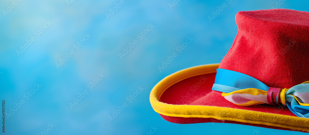 Vibrant Clown Hat on Blue Background - April Fool's Day Concept Vibrant Clown Hat on Blue Background - April Fool's Day Concept