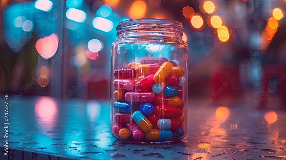 a jar with some colorful pill tablets, in the style of darktable processing, colorful dreams, glass as material, vibrant stage backdrops. Generative AI