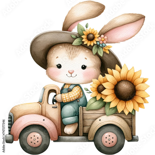 cute watercolor bunny with sunflower,sunflower lover, spring flowers photo