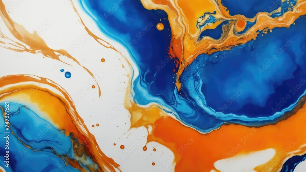 luxury Orange, Gold and Blue abstract fluid art painting in alcohol ink technique Background