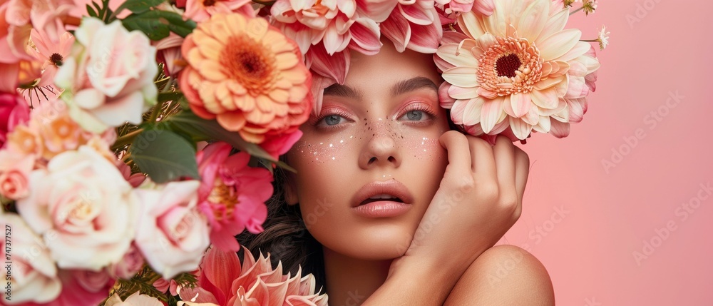 Woman and variety of flower graphic poster, mix media creative fashion campaign, stylish beautiful woman Woman and variety of flower graphic poster, mix media creative fashion campaign, stylish beautiful woman