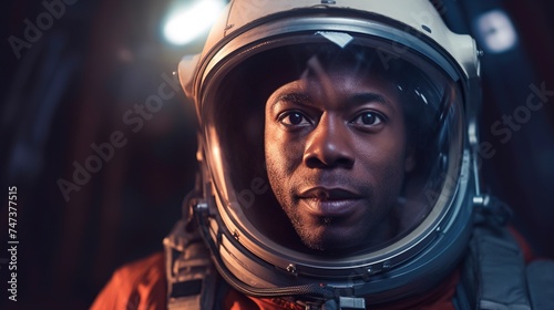 African-American male astronaut in helmet inside spacecraft. Generative AI