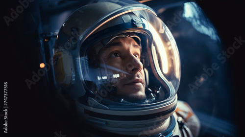 male astronaut with helmet inside the spacecraft. Generative AI