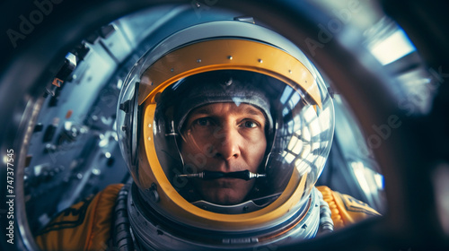 male astronaut with helmet inside the spacecraft. Generative AI