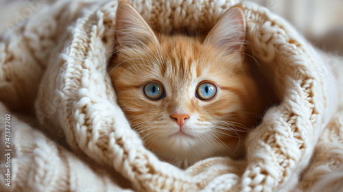 A cute ginger kitten is wrapped in a blanket. Comfortable sleep for pets. Card cute cat. © Katerina Bond