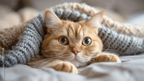 A cute ginger cat is wrapped in a blanket. Comfortable sleep for pets. Postcard cute cat.