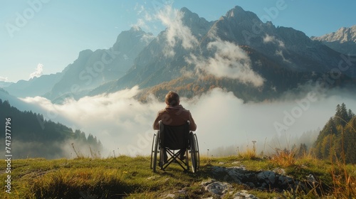 Man in wheelchair mountain range with fog with morning sunlight