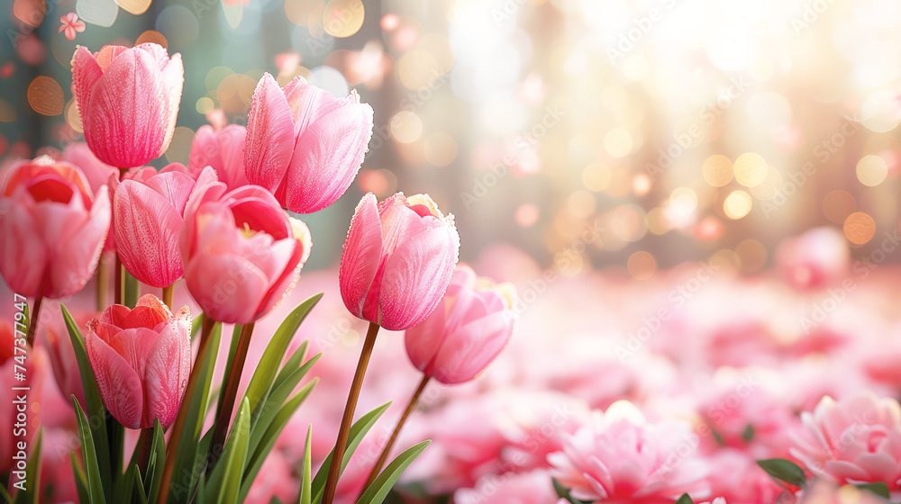 Beautiful pink tulips on a blurred spring sunny background. Hot pink floral background, texture for design, greeting card, mockup, copy space. Beautiful pink tulips on a blurred spring sunny background. Hot pink floral background, texture for design, greeting card, mockup, copy space.