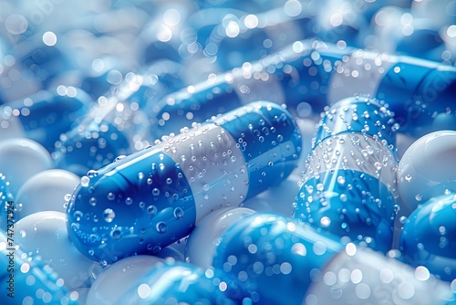 a pharmaceutica full of blue and white pills, in the style of photorealistic still life, colorful. Generative AI