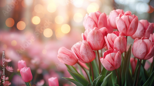 Beautiful pink tulips on a blurred spring sunny background. Hot pink floral background, texture for design, greeting card, mockup, copy space.