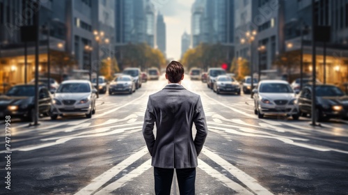 Businessman walking on road of city photo