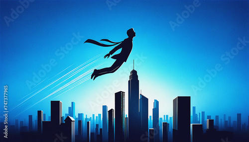 A conceptual silhouette illustration of a businessman flying over a skyscraper, set against a blue sky background.