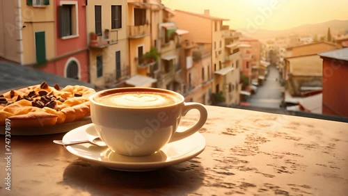 Vacations, recreation day, Cup of coffee with slices of pizza with beautiful Italian street, relax, cafe, breakfast, morning, white, beverage, hot, caffeine photo