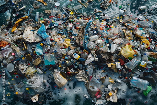 Plastic garbage floating on water surface. Environmental Protection. The concept of ocean pollution.