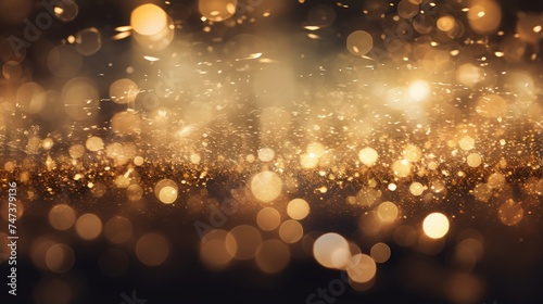 Defocused vintage lights background in light gold and black with glitter.