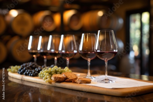 Glasses with various types of wine on a wooden bar
