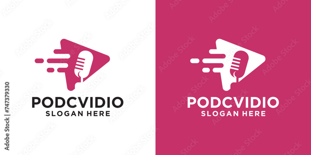 Fast video playback podcast logo template design. video icon combination with podcats