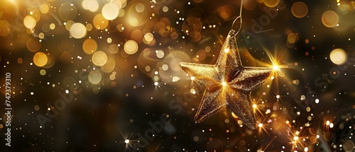 Sparkling Golden Christmas Star, ornament decoration defocused bokeh background