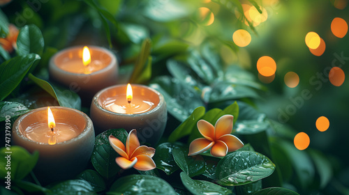 Spa setting background with lit candles and plumeria flowers. Relaxing atmosphere for a spa beauty salon. Spa background template
