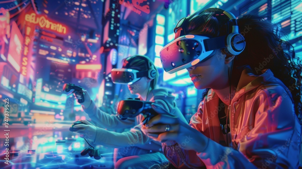 Young Gamers Engrossed in Virtual Reality Games in a Neon-lit Arcade Young Gamers Engrossed in Virtual Reality Games in a Neon-lit Arcade