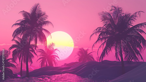 the sun setting over palm trees on a pink and purple 