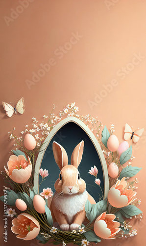 Cute Easter bunny with easter eggs and spring flowers on a pastel brawn background, copy space. Happy Easter banner with adorable rabbit. Easter concept.