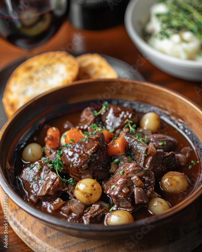 A mouthwatering close-up of Beef Bourguignon, a classic French dish known for its tender beef simmered in a red wine sauce with mushrooms, onions, and herbs, Generative AI