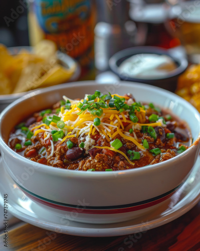  Bowl of Chili con Carne, brimming with hearty chunks of beef, kidney beans, tomatoes, and aromatic spices, all simmered to perfection, Tex-Max cuisine, Generative AI