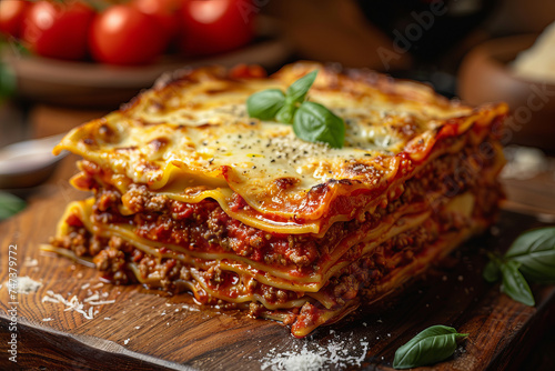 Close-up food photography capturing the savory layers of delicious-looking lasagna, with melted cheese cascading over rich tomato sauce and perfectly cooked pasta sheets, Generative AI