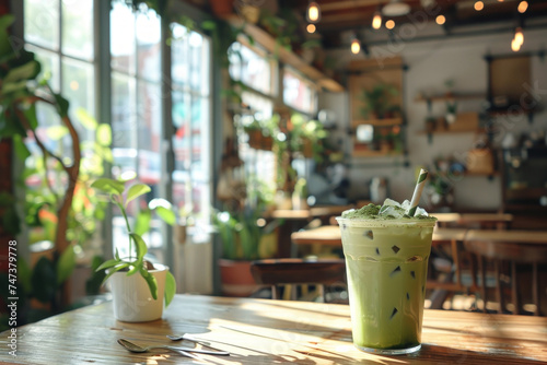 Glass of Iced matcha green tea latte on a cozy café table, wooden tables and green plants as blurry background, wellness cafe,  natural ambiance,  mindful consumption, relaxation theme, Generative AI