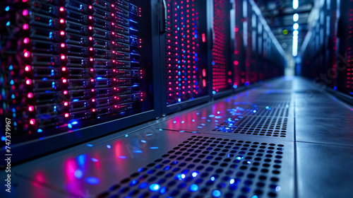 Futuristic Data Center: High Capacity Server Racks Illuminated in Blue and Red