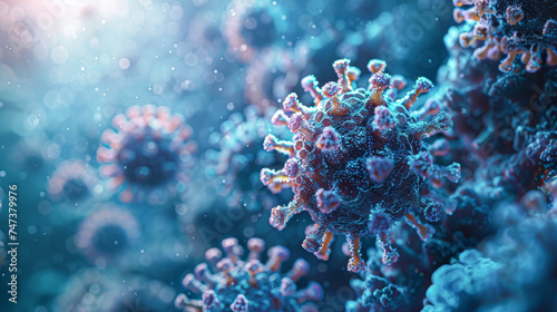 A detailed 3D illustration of a virus particle with spike proteins, set against a backdrop of similar structures in a blue, misty environment.