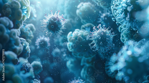 A detailed 3D illustration of a virus particle with spike proteins, set against a backdrop of similar structures in a blue, misty environment.
