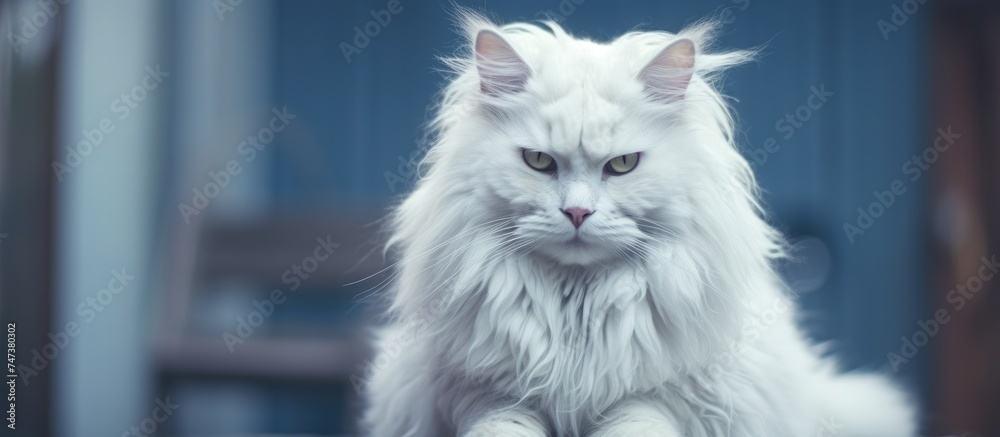 A white cat is perched on top of a rustic wooden table, in a setting reminiscent of a cozy home environment. The cat appears relaxed and observant,