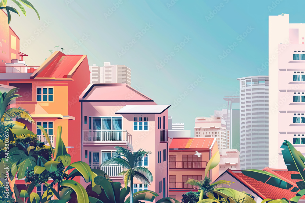Cityscape with Houses, Streets, and Sky