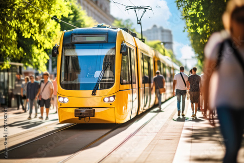 Sleek modern yellow tram speeds through the vibrant cityscape. Concept of green public transport, eco-friendly transit solution to urban dwellers