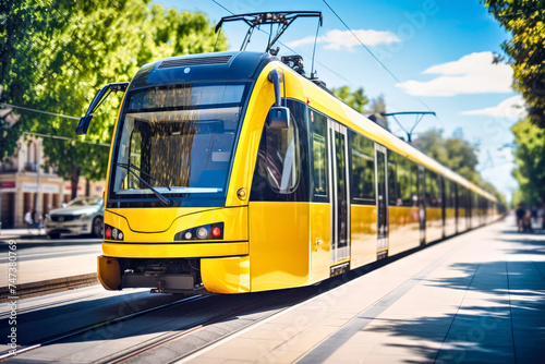 A vibrant yellow tram coasts under the green trees in urban landscape. Concept of eco-friendly public transport city life and sustainable mobility modern tramway transportation