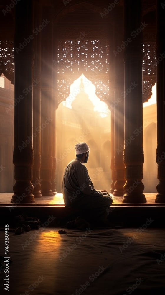 Silhouette of a believer, a Muslim Man performs Worship, prays to Allah in a mosque in the Holy Month of Ramadan Kareem on a carpet. Religion, Islam, Faith in God concepts. Copy Space. Silhouette of a believer, a Muslim Man performs Worship, prays to Allah in a mosque in the Holy Month of Ramadan Kareem on a carpet. Religion, Islam, Faith in God concepts. Copy Space.