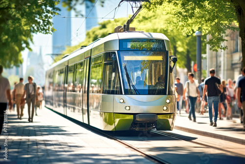 A modern tramway moves through the city's verdant summer streets. Concept of eco-friendly public transport, urban mobility and green technology tram transportation. People commuters on background